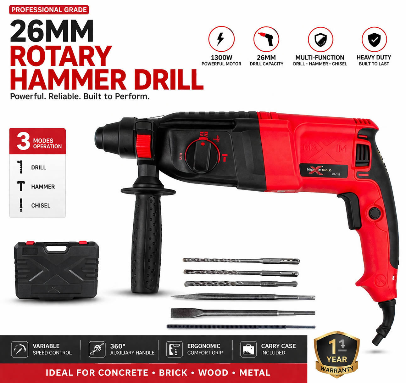 26mm Heavy Duty Rotary Hammer Drill Machine (1300W) | Professional Drill Kit