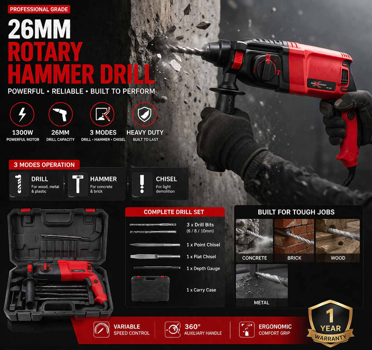 26mm Heavy Duty Rotary Hammer Drill Machine (1300W) | Professional Drill Kit